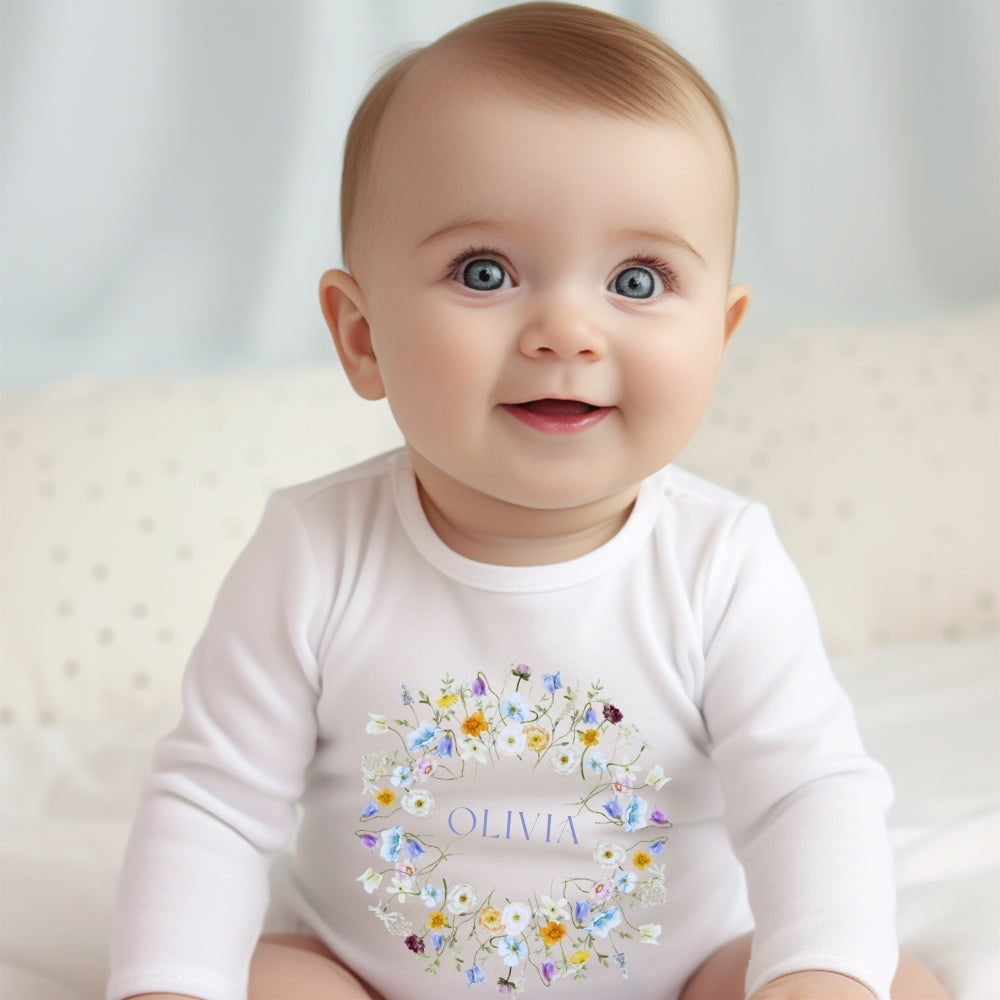 Personalised Baby Girls Spring Flowers Baby Outfit: Bib, Vest, Baby Grow : Tenue personnalisée pour bébé fille printemps fleurs : bavoir, gilet, grenouillère