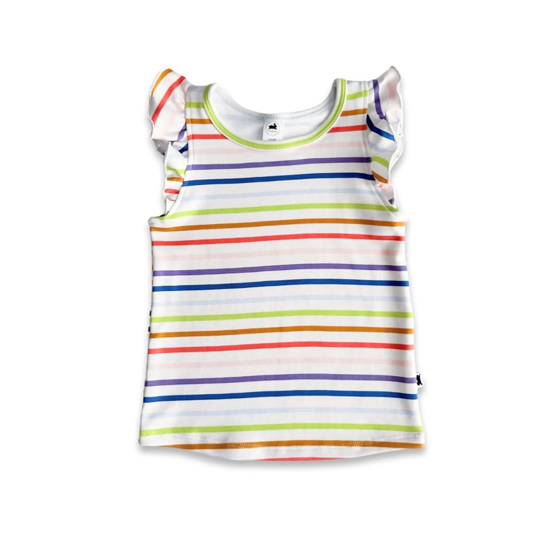 Baby/Kids' Bamboo Ruffle Shoulder | Rainbow Stripe : Robe bébé/enfant à volants en bambou | Rayures arc-en-ciel