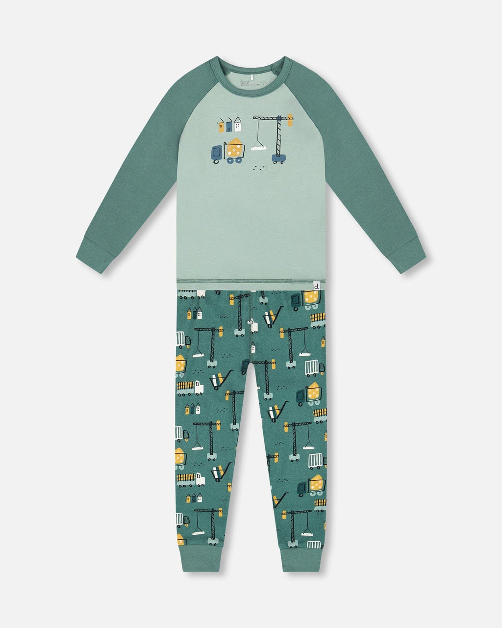 Two-Piece Organic Cotton Pajama Set Teal Construction Print ; Ensemble pyjama deux pièces en coton biologique, imprimé construction turquoise