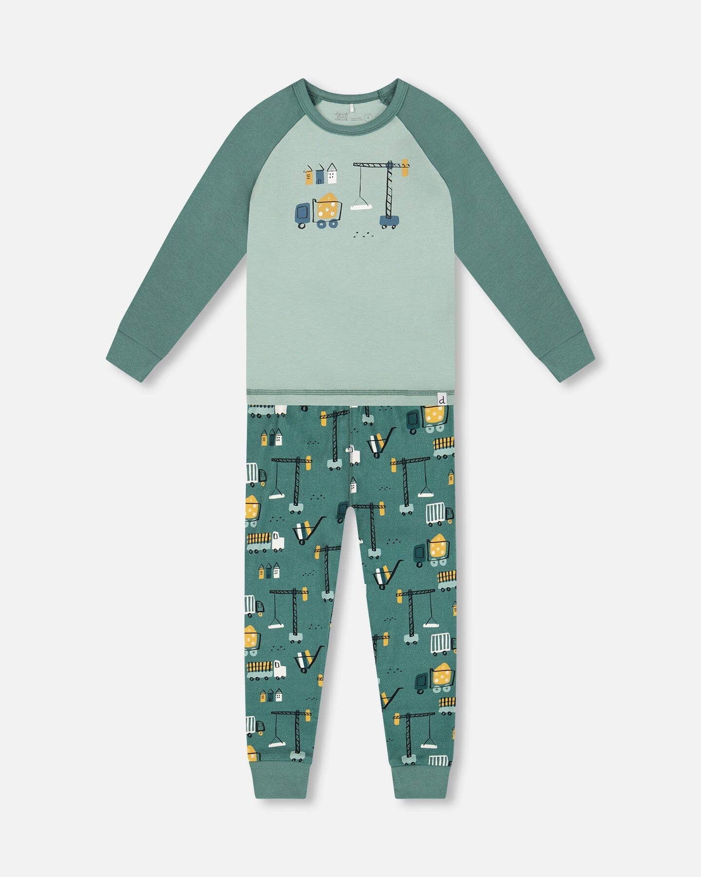 Two-Piece Organic Cotton Pajama Set Teal Construction Print ; Ensemble pyjama deux pièces en coton biologique, imprimé construction turquoise