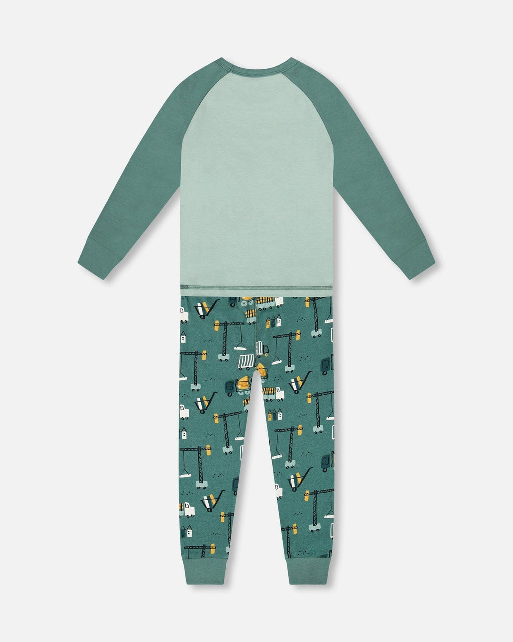 Two-Piece Organic Cotton Pajama Set Teal Construction Print ; Ensemble pyjama deux pièces en coton biologique, imprimé construction turquoise