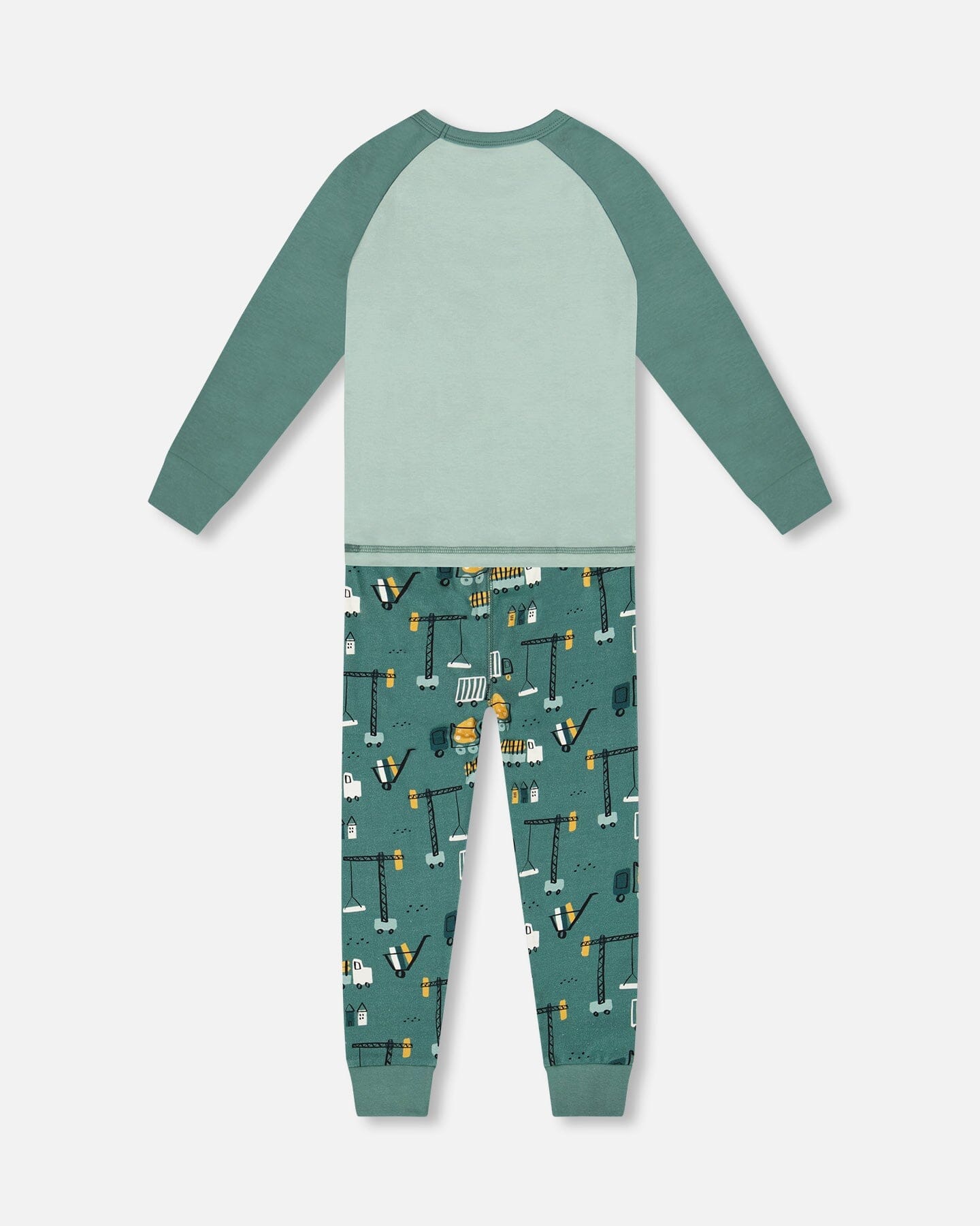 Two-Piece Organic Cotton Pajama Set Teal Construction Print ; Ensemble pyjama deux pièces en coton biologique, imprimé construction turquoise