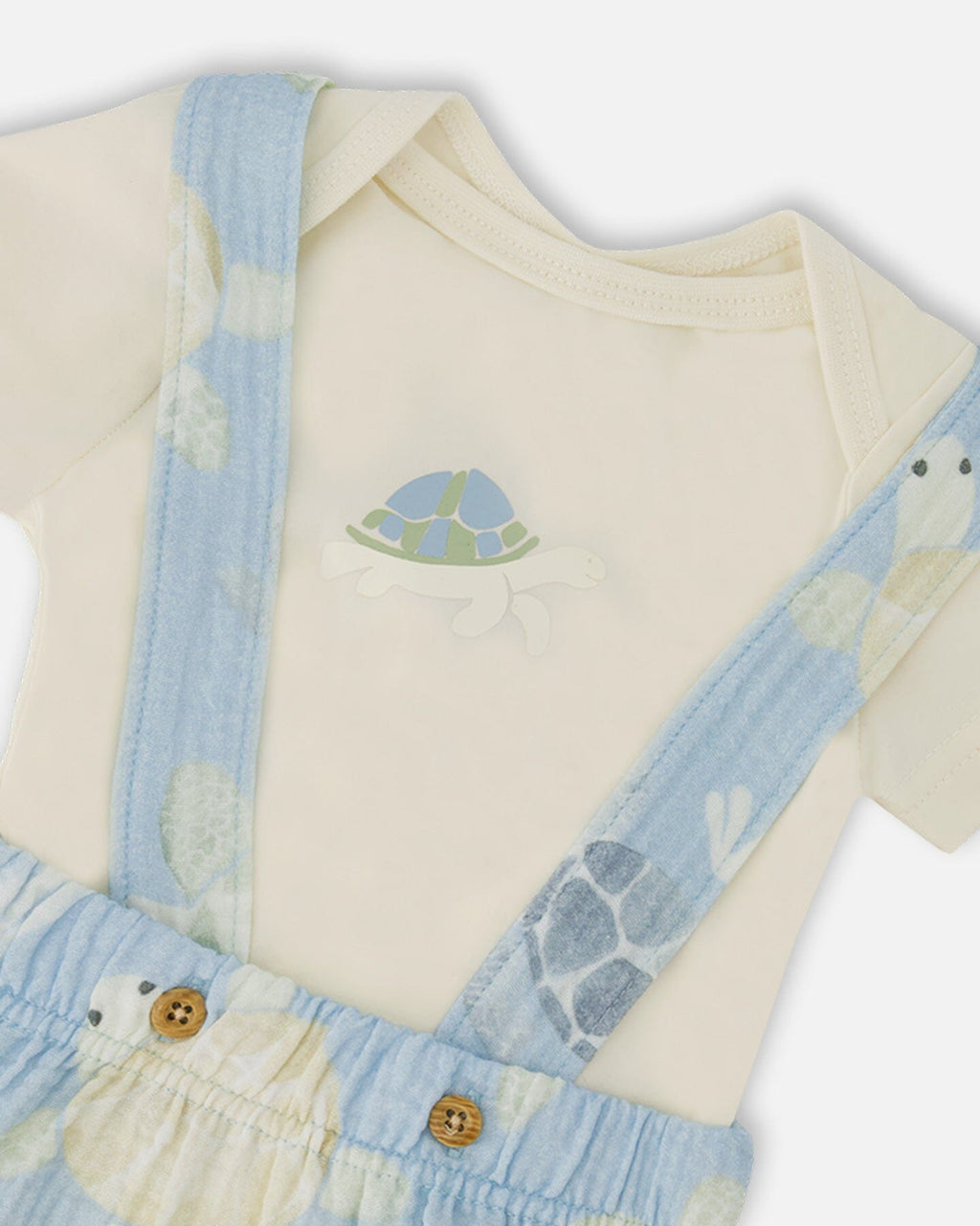 Organic Cotton Jersey Onesie And Muslin Shortall Set White And Blue Turtle Print