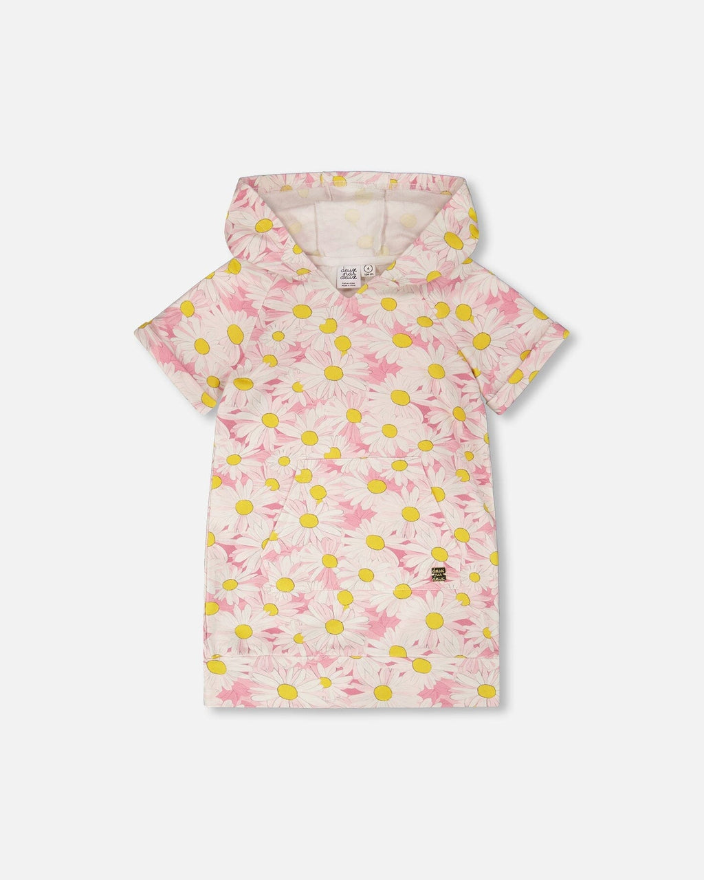 French Terry Hooded Dress Pink Printed Daisies : Robe à capuche en molleton français rose avec imprimé de marguerites