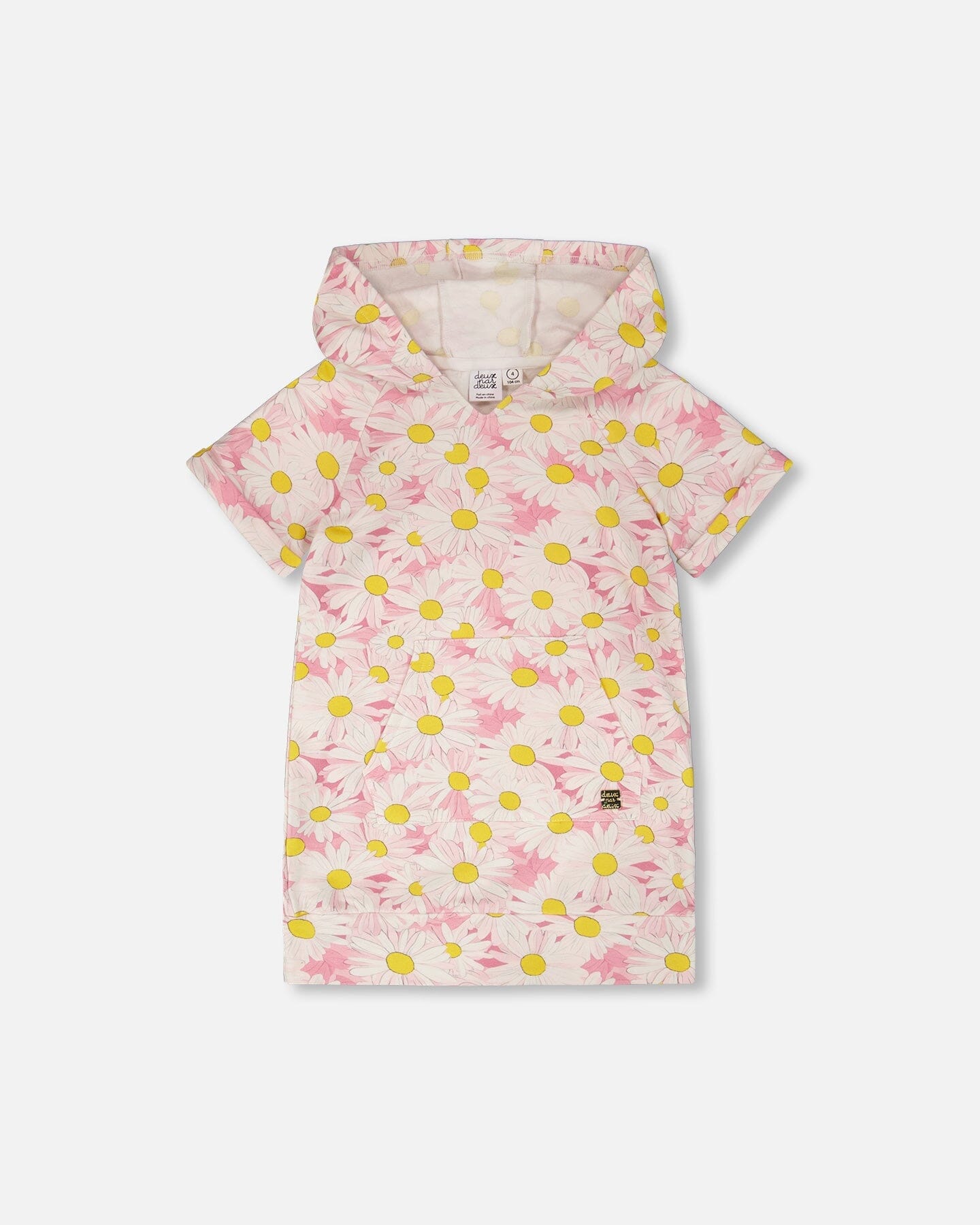 French Terry Hooded Dress Pink Printed Daisies : Robe à capuche en molleton français rose avec imprimé de marguerites