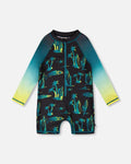 One-Piece Long Sleeve Rashguard Black Surf Print Maillot de bain anti-UV une pièce à manches longues, imprimé surf noir