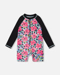 One-Piece Long Sleeve Rashguard Blue Floral And Leopard Print Maillot de bain une pièce à manches longues, imprimé floral et léopard bleu: