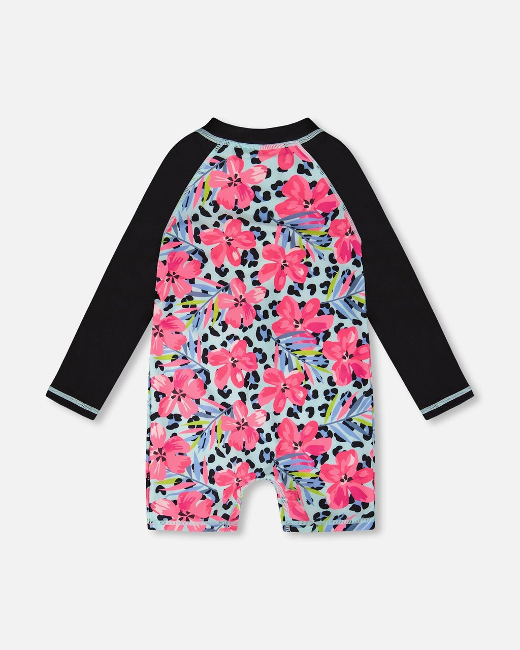 One-Piece Long Sleeve Rashguard Blue Floral And Leopard Print Maillot de bain une pièce à manches longues, imprimé floral et léopard bleu: