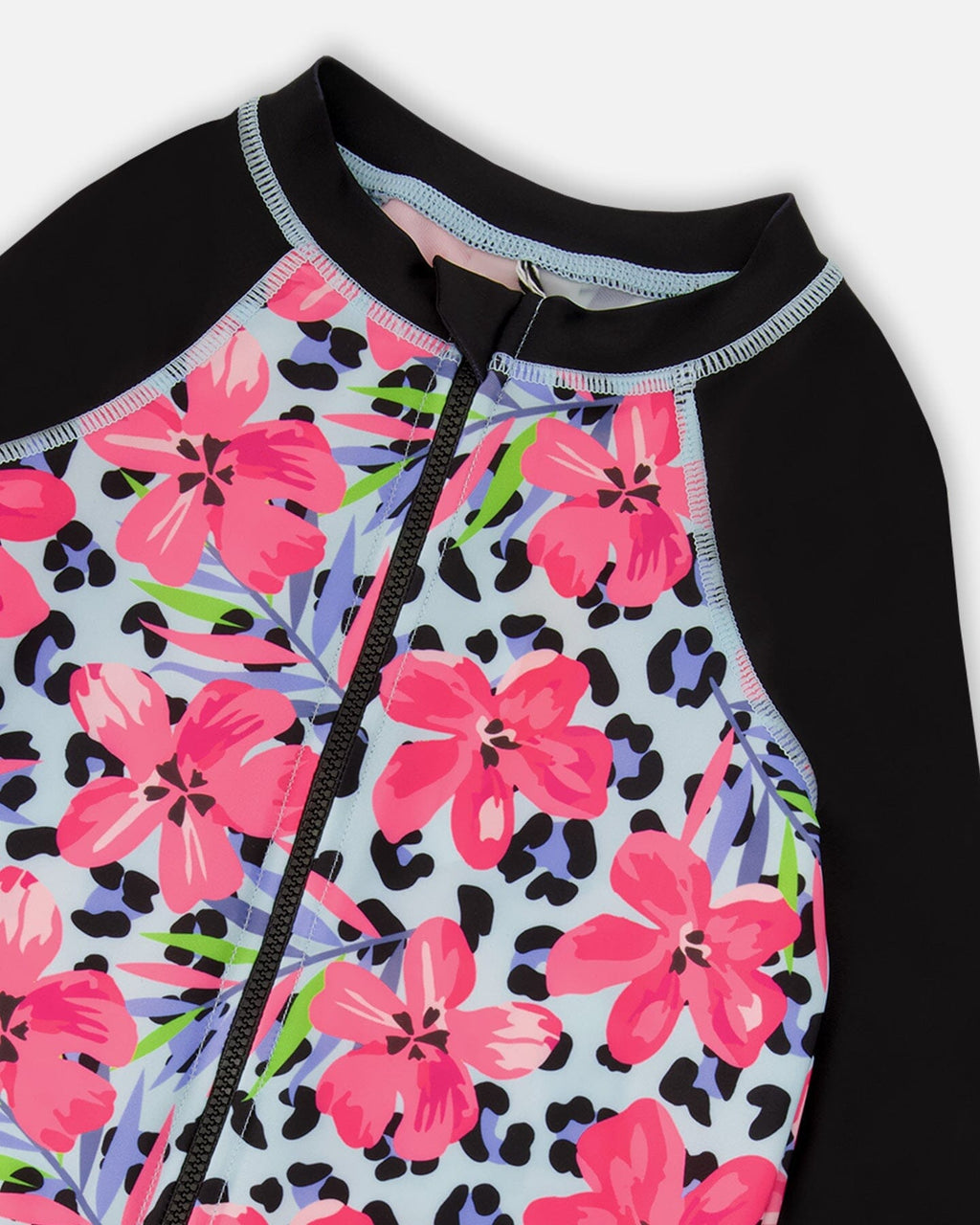 One-Piece Long Sleeve Rashguard Blue Floral And Leopard Print Maillot de bain une pièce à manches longues, imprimé floral et léopard bleu: