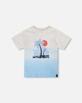 Organic Cotton Short Sleeve T-Shirt Grey Mix To Blue Gradient : T-shirt à manches courtes en coton biologique Dégradé Gris Mix vers Bleu