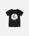 Glow In The Dark Organic Cotton Jersey T-Shirt With Dino On Bike Print Black :T-shirt en jersey de coton biologique phosphorescent avec imprimé dinosaure à vélo noir