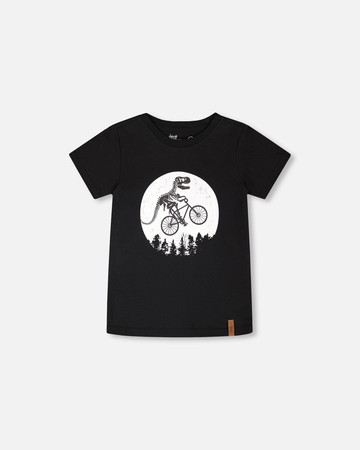 Glow In The Dark Organic Cotton Jersey T-Shirt With Dino On Bike Print Black :T-shirt en jersey de coton biologique phosphorescent avec imprimé dinosaure à vélo noir