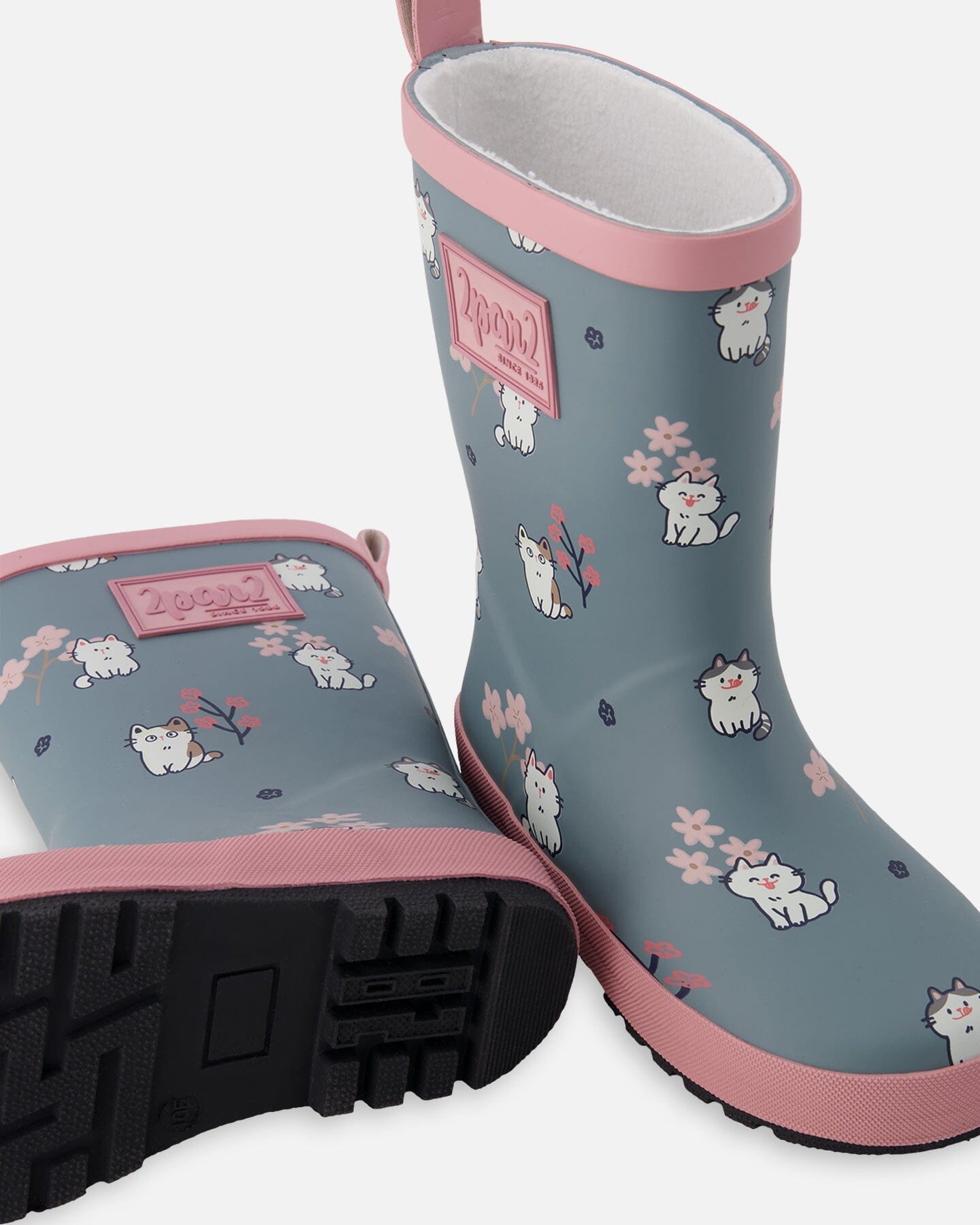 Rain Boots In Natural Rubber Green Cat Print Bottes de pluie en caoutchouc naturel à motif chat vert: